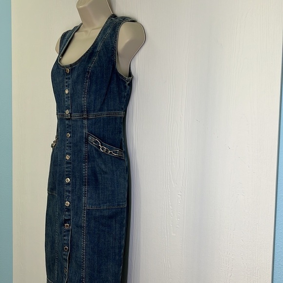 WHBM - Denim Silver Hardware Sleeveless Pocket Zip Up Midi Sheath Dress Size 4 - Picture 7 of 13